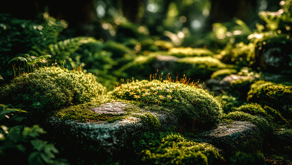 Sous-bois, sol de la forêt, rocher avec mousse, socle pour présentation produit