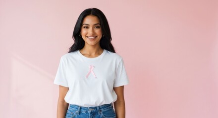 Smiling woman in a t-shirt with a pink awareness ribbon