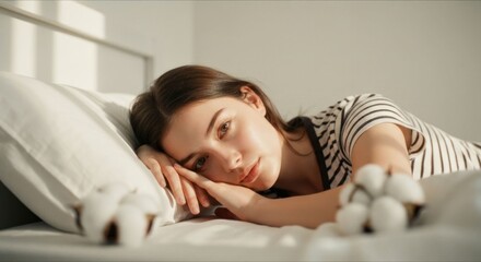 Obraz premium Woman in striped shirt rests in sunlit bed with cotton
