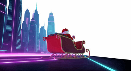Santa Claus flying his sleigh swiftly through a vibrant, neon-lit futuristic city, bringing modern holiday joy