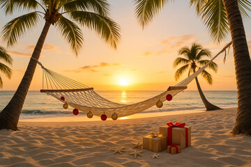 Tropical Christmas scene with a hammock decorated with ornaments, gift boxes and palm trees at sunset on a sandy beach. Warm holiday landscape perfect for New Year, travel and exotic celebration theme