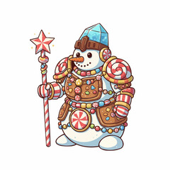 Enchanting winter snowman character adorned with vibrant candy armor and a mystical star-tipped staff, featuring an icy crystal helmet design