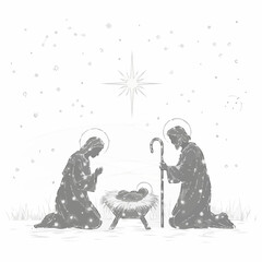 Nativity Scene Holy Family with Mary, Joseph, and Jesus, under the Star of Bethlehem in a serene winter Christmas setting