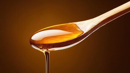 oligarchy. Golden honey dripping from a wooden spoon against a natural wood background. menu design, packaging mockups, designed for culinary blogs and recipe cards for restaurants.