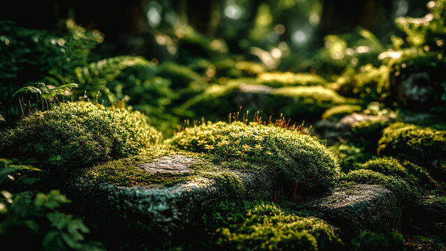 Sous-bois, sol de la for&ecirc;t, rocher avec mousse, socle pour pr&eacute;sentation produit