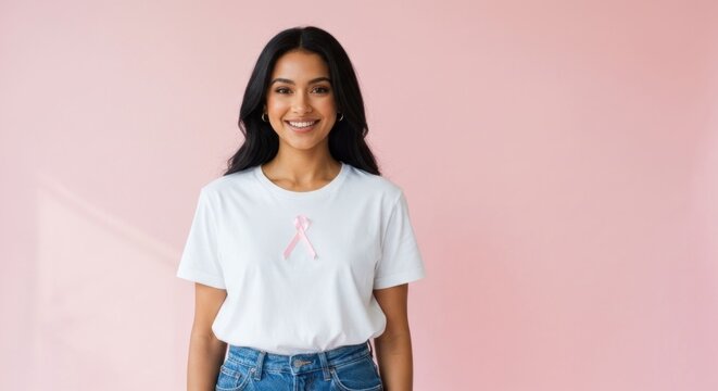 Smiling woman in a t-shirt with a pink awareness ribbon