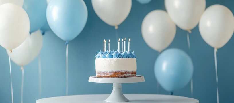 Charming Birthday Cake with Candles and Balloons in a Festive Setting