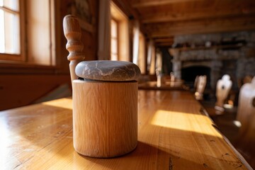 Vintage wooden butter churn with sunlight streaming through window