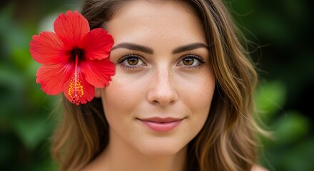 Portrait of a Beautiful Woman with Hibiscus Flower in Her Hair.