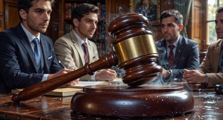 lawyers at a courtroom table with a gavel striking down, symbolizing a ruling or legal decision.