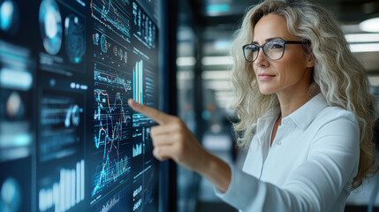 Data analyst woman pointing at interactive data visualization screen, confident professional