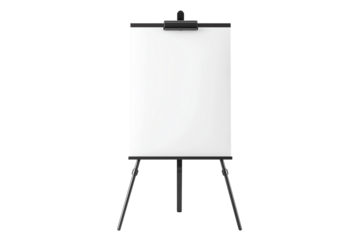 Blank White Flip Chart on Tripod Easel Stand Isolated on Transparent Background. Flip Chart Board on Tripod Easel Mockup Transparent PNG.
