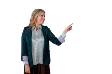 Professional woman smiling, pointing to side, presenting content, marketing message, isolated on transparent background