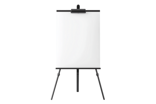 Blank White Flip Chart on Tripod Easel Stand Isolated on Transparent Background. Flip Chart Board on Tripod Easel Mockup Transparent PNG.