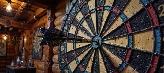 a close-up of a dart hitting the bullseye on a wooden dartboard in a rustic pub interior.