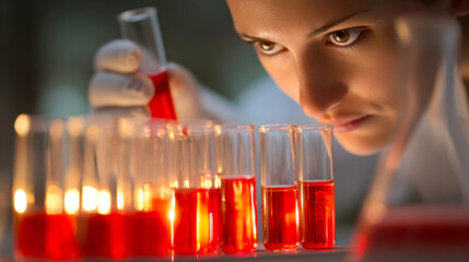 Female scientist concentrating on analyzing red liquid samples in multiple test tubes during scientific research in a laboratory setting with focused expression