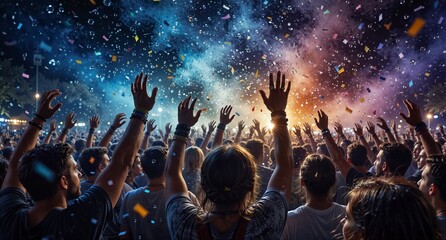 ecstatic crowd with raised hands enjoying a vibrant music festival with colorful confetti and stage lights.