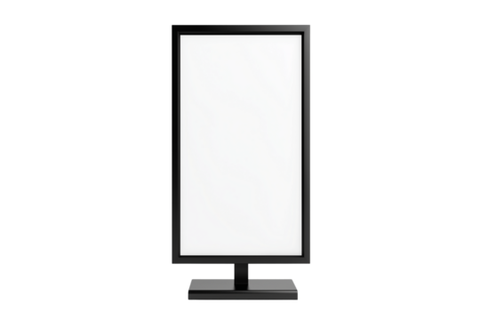 Blank white information display stand mockup with black frame isolated on Transparent Background. White Info Stand Mockup with Black Frame Transparent PNG.