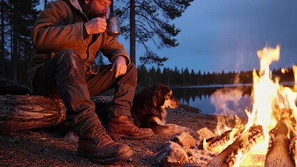 Man sitting by campfire with dog, drinking from mug, enjoying evening outdoor. Rustic camping experience with hunting companion footage.