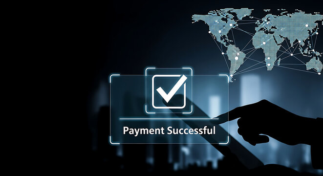 A hand touches a tablet displaying "Payment Successful" with a checkmark, overlaid on a world map. - Powered by Adobe