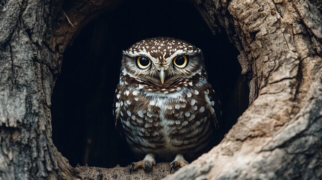 passivity. An owl with intense gaze guarding a tree hollow in moonlight, detailed feathers and ancient oak bark. wildlife magazines, conservation campaigns, designed for eco-tourism storytelling.