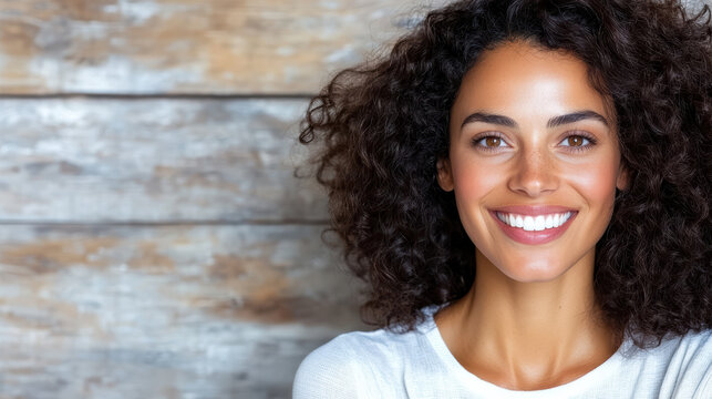 Young woman smiling with curly hair and wooden background expressing joyful confidence - Powered by Adobe