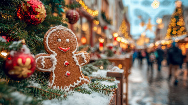 Festive gingerbread man cookie hanging on a snow-covered Christmas tree branch with blurred holiday market lights and people in the background - Powered by Adobe