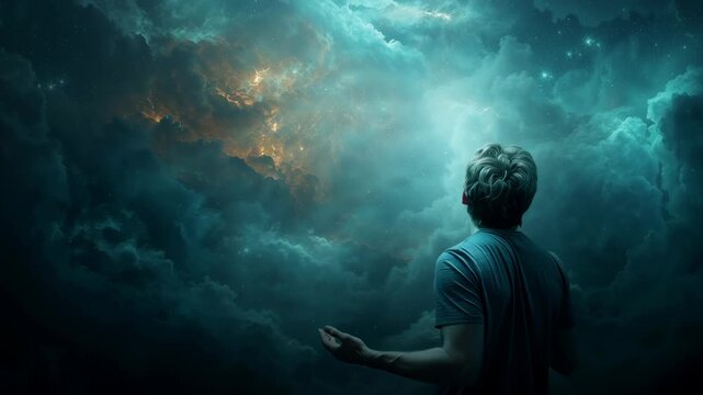 Dreamy contemplation of a young man under a cosmic sky with ethereal clouds and stars