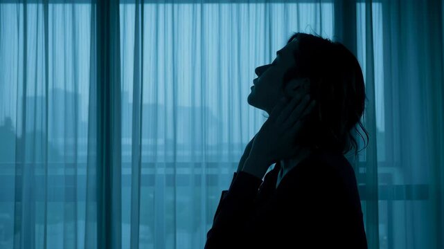 Silhouette of a thoughtful woman by the window in a modern setting, capturing introspective moments