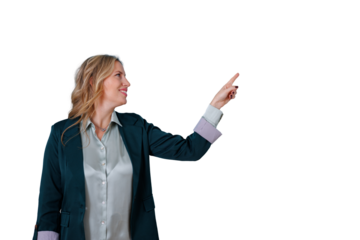 Professional businesswoman smiling, pointing, and presenting a concept with copy space on transparent background