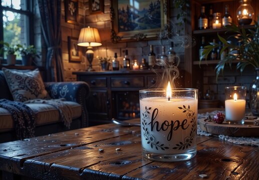 cozy rustic living room scene with lit "hope"� candle and warm ambient lighting.