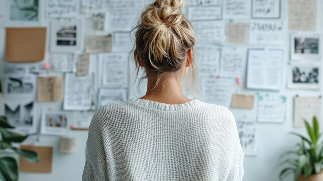 Blonde woman planning vision board cozy sweater calm focus