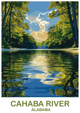 Cahaba River, Alabama, vector illustration of a calm forest river flowing under a canopy of green trees with vibrant water reflections, vintage travel poster.