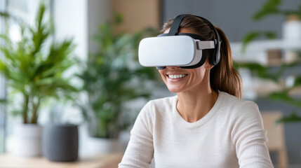 Woman wearing virtual reality headset smiling in modern office with plants