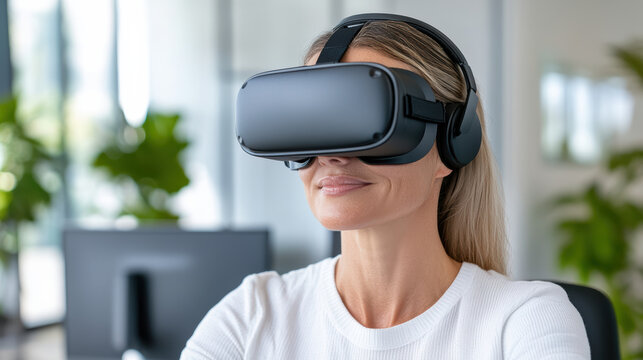 Woman wearing virtual reality headset enjoying immersive training experience - Powered by Adobe