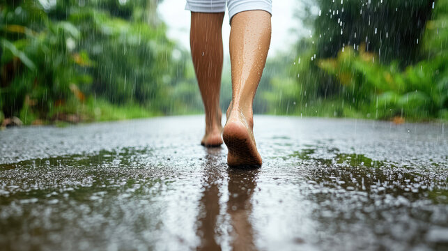 Barefoot woman walking on wet road in rain, reflective pavement, serene mood