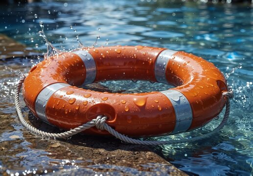 bright orange lifebuoy floating in clear pool water with splashing droplets, safety and rescue concept.
