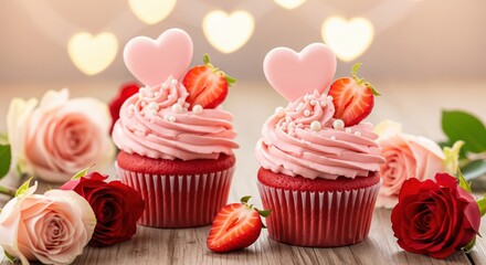 Romantic pink-red cupcakes with heart-shaped toppers, strawberry cream frosting, roses around the table, soft dreamy lighting, pastel tones, bokeh hearts in background, aesthetic sweet dessert photogr