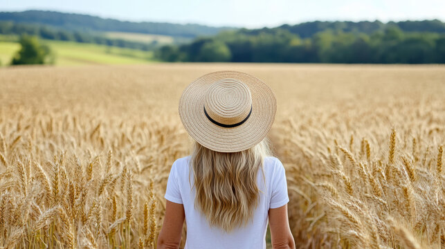 Wheat field straw hat woman blonde hair back view summer rural countryside