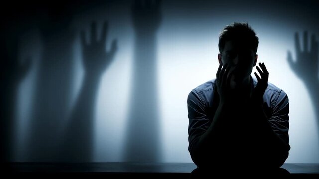 Emotional distress and anxiety represented through shadows and silhouette in a dramatic scene