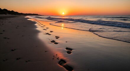 Footprints on the beach at sunset, a peaceful coastal scene.