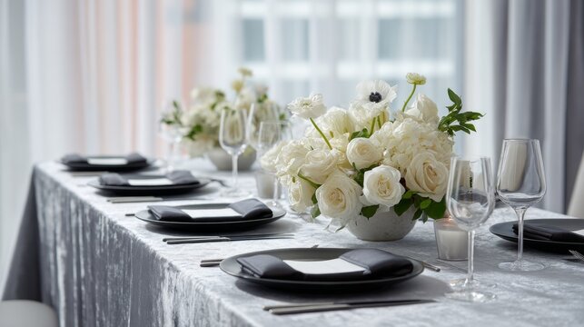Luxurious table setting with white floral arrangements dark plates and clear wine glasses