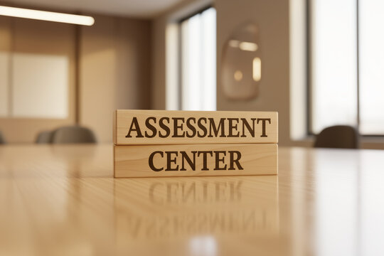 Wooden blocks spelling assessment center on a conference table. Ideal for hr, hiring, evaluation, training, corporate, recruitment concepts.
