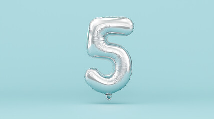Shiny silver balloon number 5 on pale blue background. Perfect for birthday themed designs, celebrations, party invitations, and anniversary decorations.