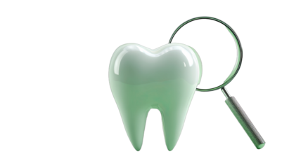 A healthy, gleaming white molar, magnified by a magnifying glass, set against a stark black background