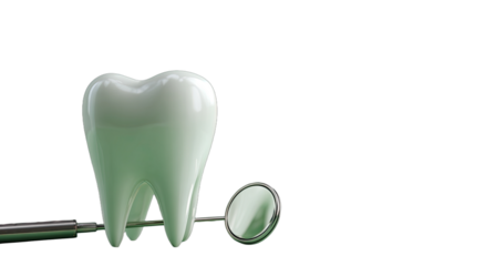 A glossy white tooth and dental mirror rest on a dark, plain background