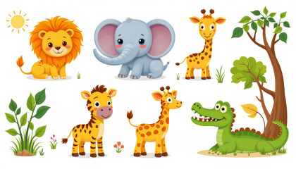 Naklejka premium Cute cartoon lion baby elephant giraffe crocodile jungle tree sunshine grass