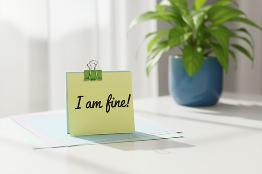 Desk with a plant and a memo indicating i am fine. Suitable for concepts like mental health, positivity, office decor, and wellbeing.