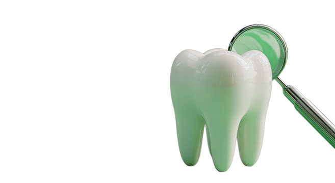 A gleaming white tooth is examined by a dental mirror