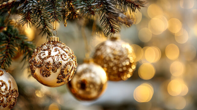 Elegant holiday ornaments decorated with intricate golden glitter patterns hanging from a festive evergreen tree branch during warm seasonal celebrations with glowin - Powered by Adobe